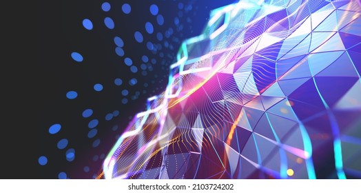 Neural network and cloud technologies. Global database and artificial intelligence. Big data concept. Bright, colorful 3D illustration of polygonal network, cybersecurity and internet busines