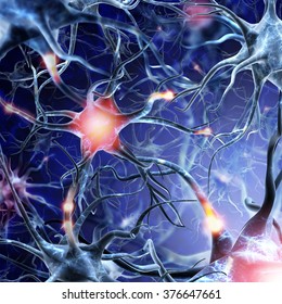 Neural Network On A Blue Background With Light Effects. Active Neurons Brain Connections Nervous System. A High Resolution.