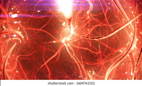 Neural Signal Transmission, Brainstorm. The Dendrites Transmit Electrical Stimulation Received From Other Neurons to the Cell Body. Axon, the Part of the Neuron, That Transmits Signals. 3D Rendering.