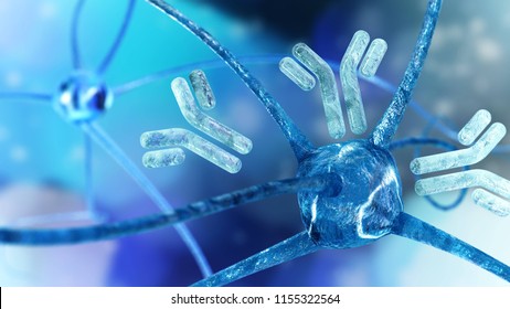 Neuron and antibodies, immunoglobins. situation 3D rendering