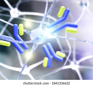 Neuron und Antikörper, Immunglobulin, Y-förmiges Protein, das hauptsächlich aus Plasmazellen gewonnen wird,   3D-Rendering