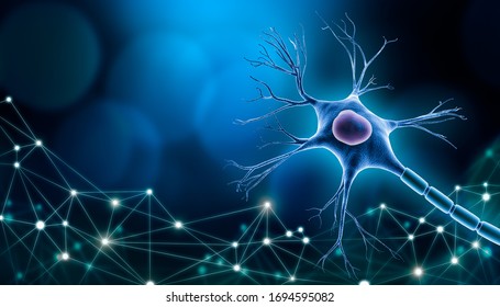 Neuron cell body with nucleus design, 3D rendering illustration with copy space and blue background. with plexus lines network. Neuroscience, neurology, biology, psychology or microbiology concepts. - Powered by Shutterstock