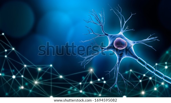 Neuron cell body with nucleus design, 3D\
rendering illustration with copy space and blue background. with\
plexus lines network. Neuroscience, neurology, biology, psychology\
or microbiology\
concepts.