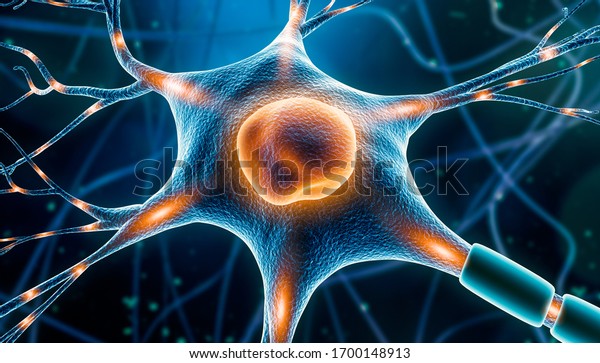 Neuron cell close-up 3D rendering illustration\
with nervous impulses along dendrites, axon, soma and nucleus.\
Neuronal and brain activity,  neuroscience, neurology, anatomy,\
medicine artistic\
concept.