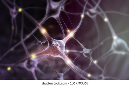 Neuronenzellen auf abstraktem, blauem Hintergrund. 3D-Illustration