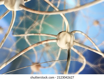 Neuron close-up, nerve node close-up, neural network of the brain, thought activity in the brain, 3d rendering