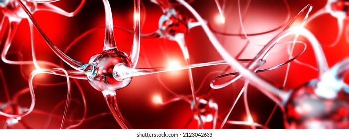 Neuron close-up, nerve node close-up, neural network of the brain, thought activity in the brain, 3d rendering