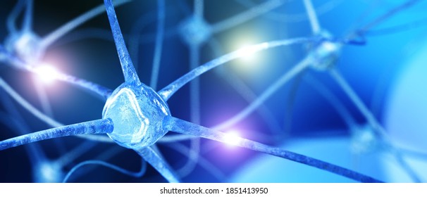 Neuron close-up, the work of the neural network, the signal in the neural network, the work of the brain, 3D rendering