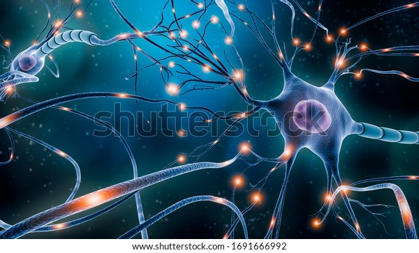 Neuronal network with electrical activity of\
neuron cells 3D rendering illustration. Neuroscience, neurology,\
nervous system and impulse, brain activity, microbiology concepts.\
Artist vision.