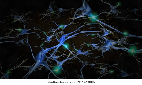 Neurons Brain Cells With Electrical Firing. Unique Sci-Fi Art. 3D Rendering