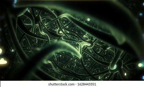 Neurons, Brainstorm, Green Version. 3D Illustration.