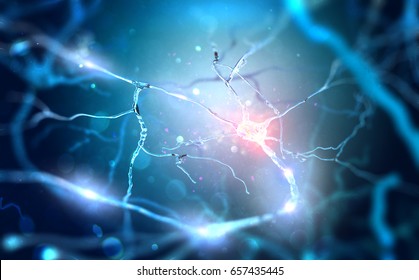 Neurons Connecting By Using Electrochemical Transmissions. 3d Illustration.