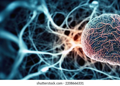 Neurons And Nervous System. Nerve Cell Shooting Electric Impulse. Human Brain Function. Closeup Selective Focus. Artificial Intelligence, Biotechnology And Neuroscience Concept. Digital Art