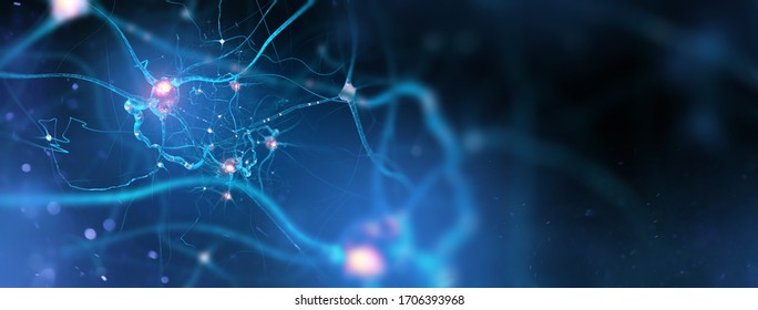 Neurons and nervous system. Nerve cells background with copy space (3d microbiology render banner)