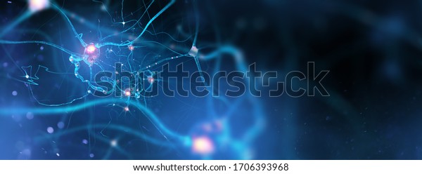 Neurons and nervous system.
Nerve cells background with copy space (3d microbiology render
banner)