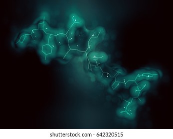 Neurotensin neurotransmitter peptide (Q1E mutated). 3D rendering based on protein data bank entry 2lne. Stick representation combined with semi-transparent surfaces. Dark background.