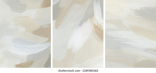 Neutral Abstract Art Background Set. Textured Hand Painted Acrylic Template. Artistic Texture With Paint Brush Strokes. Fragments Of Modern Artwork. Creative Hand Drawn Painting On Canvas