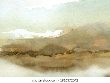 Neutral Brown Hill And Sky Watercolor Landscape Abstract Background With Paper Textured Hand Drawn Paiting