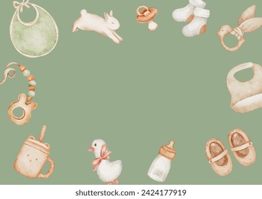 Neutral frame border from baby shower watercolor elements (baby toys, pacifier, baby bottle, socks, baby shoes and other), hand painted on a green background - Powered by Shutterstock