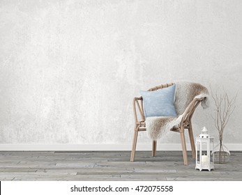 Neutral Interior Mockup With Wicker Chair On Empty Wall Background. 3D Rendering.