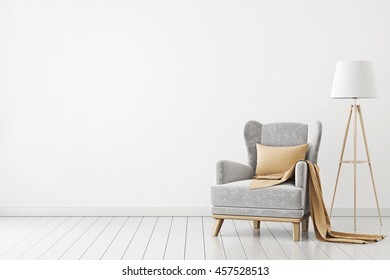 Neutral Interior With Velvet Armchair On Empty White Wall Background. 3D Rendering.