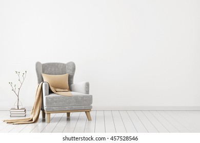 Neutral Interior With Velvet Armchair On Empty White Wall Background. 3D Rendering.