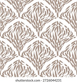 Neutral taupe and white seamless pattern with organic brushstroke shapes forming soft chevron diamonds. Modern abstract design perfect for textiles, wallpaper, packaging, wrapping paper, and stylish digital or print backgrounds.