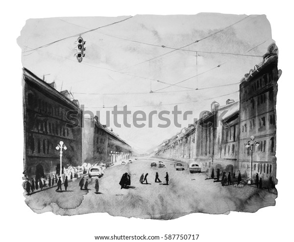 Nevsky avenue, Saint Petersburg, hand drawn\
watercolor\
illustration