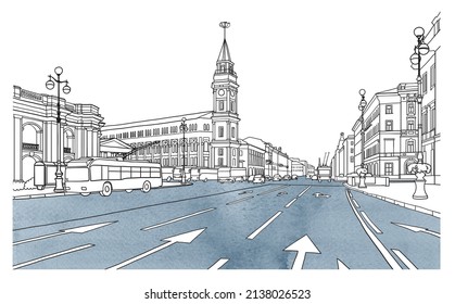 Nevsky Prospect In Saint Petersburg Russia Panormic View, Line Art Architecture Drawing, Hand Drawn City Scape Illustration On White Background