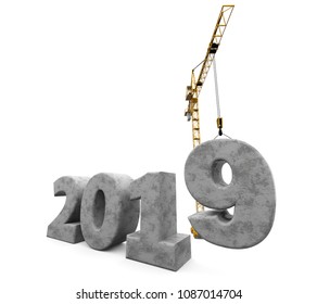 New 2019 year construction background with tower crane setting down nine concrete figure. 3D rendering. 2019 year calendar design.