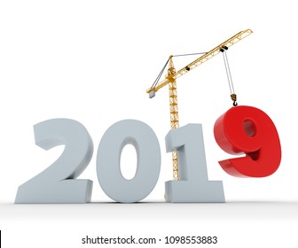 New 2019 year construction background with tower crane setting down red nine figure. 3D rendering. 2019 year calendar design.