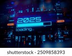 New 2025 year progress bar on digital lcd display with reflection. Concept of new year, annual plan, growth strategy, business planning, investment trends and strategy road map. 3D Illustration