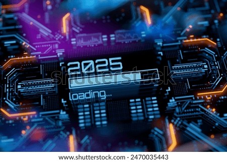New 2025 year progress bar on digital lcd display with reflection. Concept of new year, annual plan, growth strategy, business planning, investment trends and strategy road map.