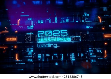 New 2025 year progress bar on digital lcd display with reflection. Concept of new year, annual plan, growth strategy, business planning, investment trends and strategy road map. 3D Illustration