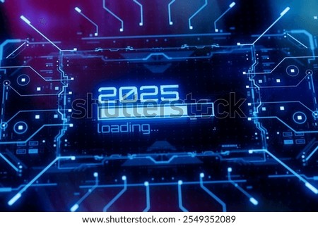 New 2025 year progress bar on digital lcd display with reflection. Concept of new year, annual plan, growth strategy, business planning, investment trends and strategy road map. 3D Illustration