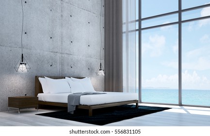 New 3D Rendering Interior Design Of Minimal Bedroom And Sea View