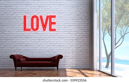 New 3D Rendering Interior Design Of Love Seat Sofa And Brick Wall Room