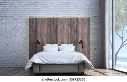 New 3D rendering interior design of minimal bedroom villa and sea view
