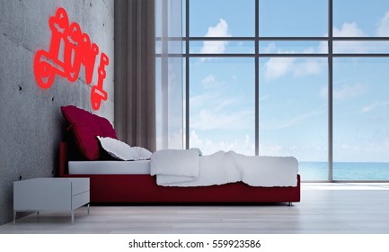 New 3D rendering interior design of  bedroom with sea view and love logo 
