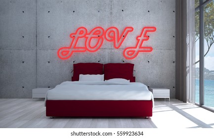 New 3D rendering interior design of love logo and bedroom with sea view