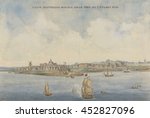 New Amsterdam, by Anonymous Artist, c. 1660, Dutch painting, watercolor on paper. View of coastline of an Manhattan Island from the sea. Three sailing ships fly Dutch flags. On the island are buildin