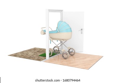 New Baby Born Concept. Modern Blue Baby Carriage, Stroller, Pram Comes Through The Doors To The House On A White Background. 3d Rendering