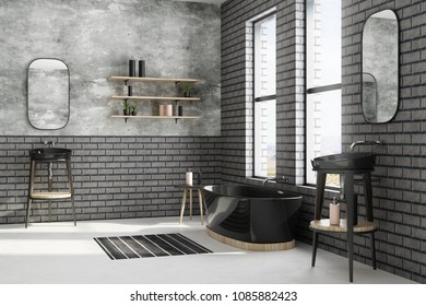 New black brick bathroom interior with window view and equipment. Design, style and real estate concept. 3D Rendering 