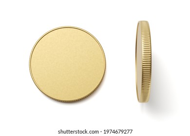 New Blank Brass Or Golden Coin, Top View Isolated On White Background. 3D Rendering Illustration.