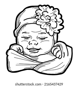 New Born Sweet Baby Face Emotions. Little Girl With Big Flower On The Head Sleeping And Smiling. Hand Drawn Character Illustration. Retro Vintage Comic Cartoon Line Style Drawing.