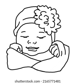 New born sweet baby face emotions  Little girl and big flower the head sleeping   smiling  Hand drawn character illustration  Simple line comic cartoon style drawing 