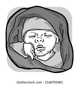 New Born Sweet Baby Face Emotions. Little Cute Boy Sleeping. Hand Drawn Character Illustration. Retro Vintage Comic Cartoon Line Style Drawing.