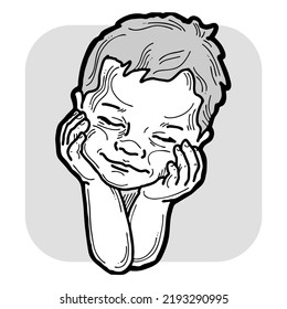 New Born Sweet Baby Face Emotions. Little Cute Boy Sleeping And Smiling. Hand Drawn Character Illustration. Retro Vintage Comic Cartoon Line Style Drawing.