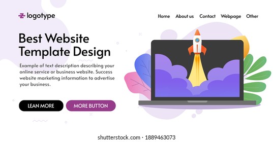 New Business Startup Launch Website Template Mockup Design, Innovation Growing Web Internet Project, Modern Layout Mock Up Landing Page Illustration With Rocket Ship Flying Up Flat Image