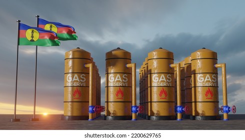 New Caledonia Gas Reserve, New Caledonia Gas Storage Reservoir, Natural Gas Tank New Caledonia With Flag New Caledonia, Sanction On Gas, 3D Work And 3D Image